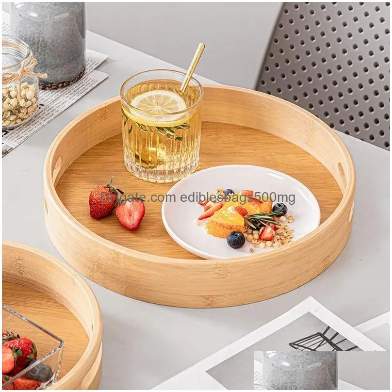 household accessories round serving bamboo wooden tray for dinner trays tea bar breakfast food container handle storage holder