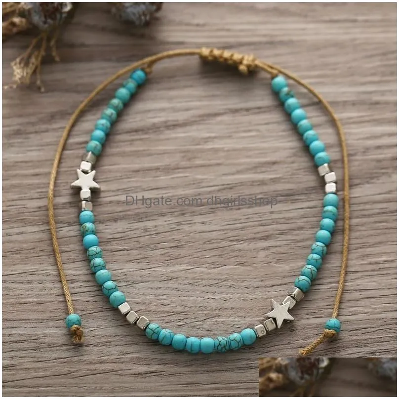 bohemian turquoises anklet with star vintage adjustable woven rope bracelet on leg beaded anklet ankle boho jewelry