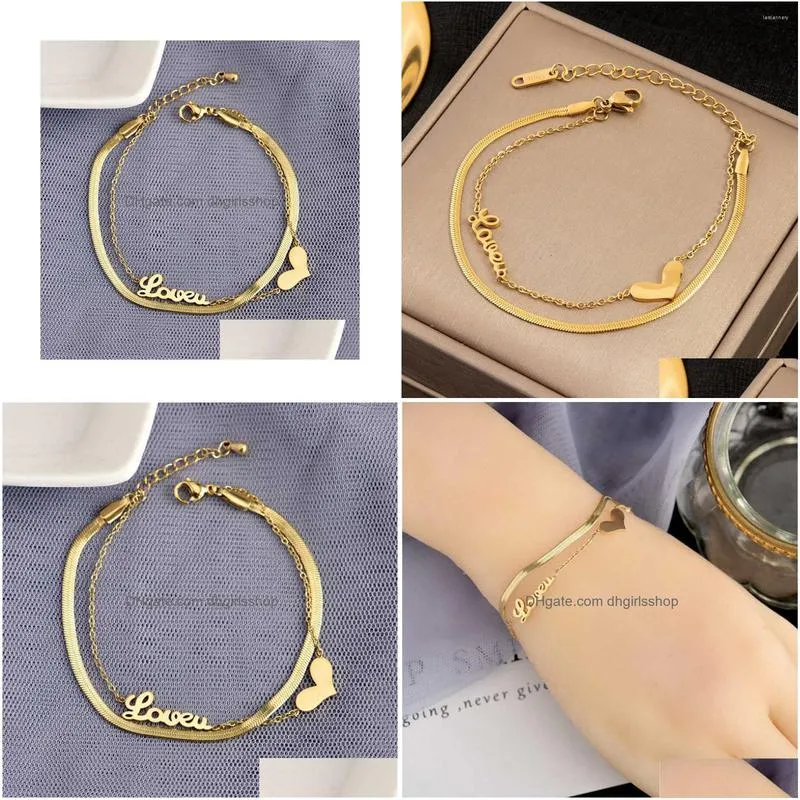 link chain stainless steel 2022 fashion upscale jewelry 2 layer lovers heart shape charm thick bracelets for womenlink lars22