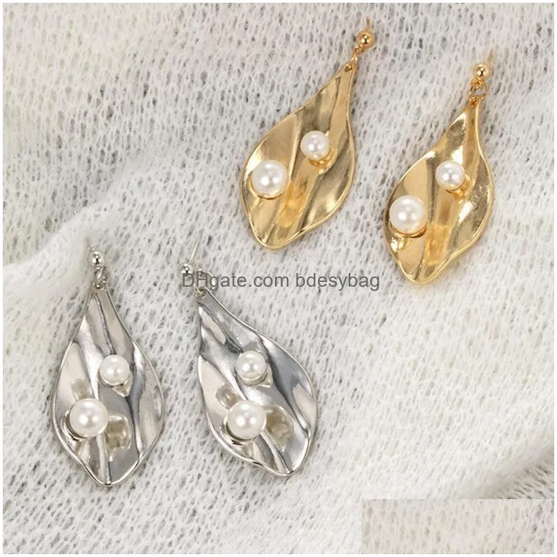 irregular water droplets petal pearl alloy earrings 2 pearls shell pendant earrings for women girls 14k gold plated