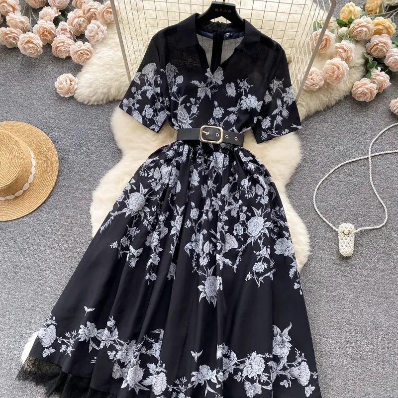Casual Dresses Runway Women Blouse Dress Turn-Down Collar Short Sleeve Patchwork Lace Casual Floral Print Party Midi Dresses Robes Female 2023
