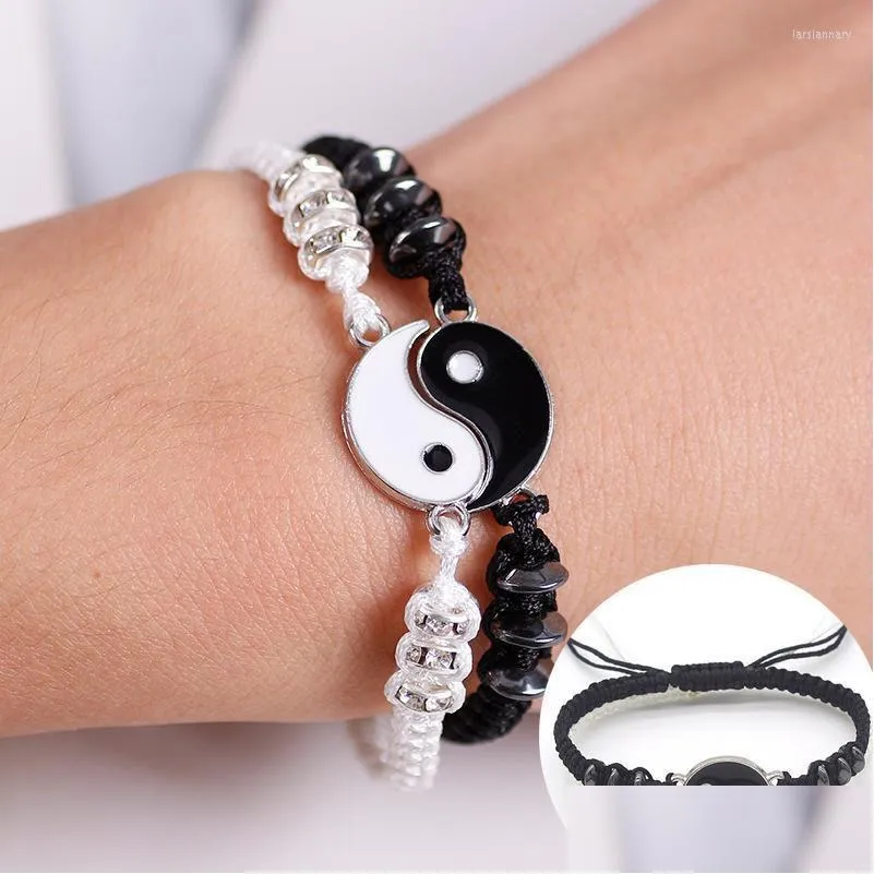 charm bracelets fashion retro yin and yang tai chi alloy pendant black white twopiece leather cord woven men women couple bracelet
