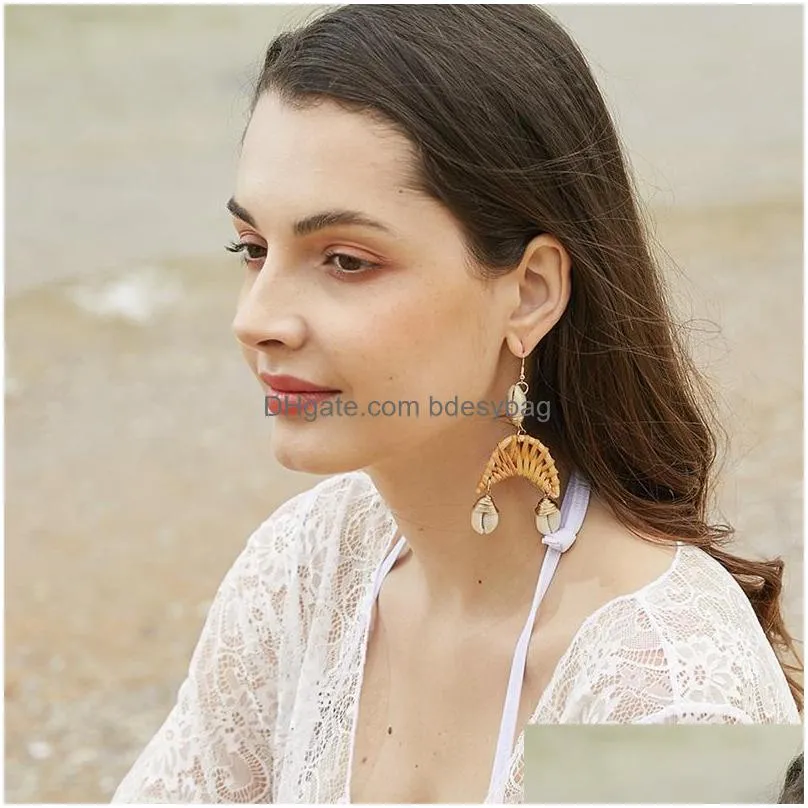 rattan earrings statement earrings handmade straw wicker woven shell pendant female boho 12pcs