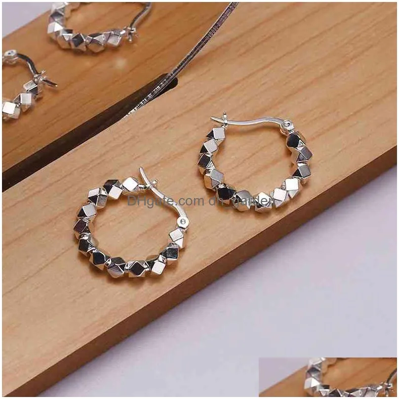 silvology 925 sterling cut surface rhombus hoop for women broken silver bead chain earrings top quality jewelry