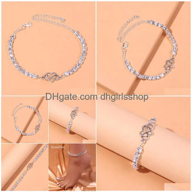 boho women rhinestone creative heart anklet chain wholesale summer beach crystal tennis bracelet anklet foot jewelry