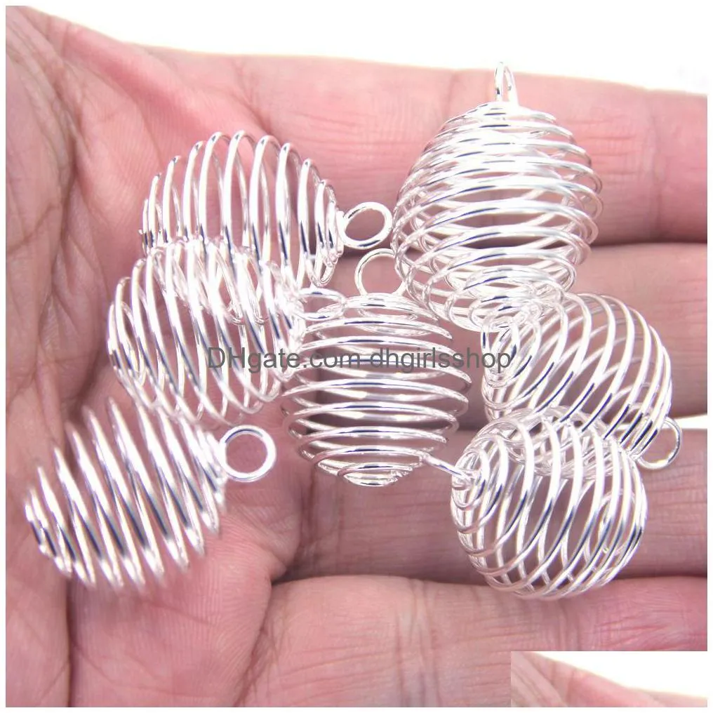 50pcs 25x30mm plated spiral bead cage charms pendants hanging hollow lantern ball spring pendant for women and men jewelry making