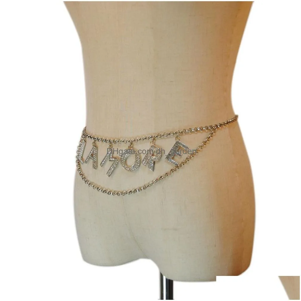new fashion rhinestone body jewelry lamore letter waist chain for women punk y crystal waist belt body belly jewelry