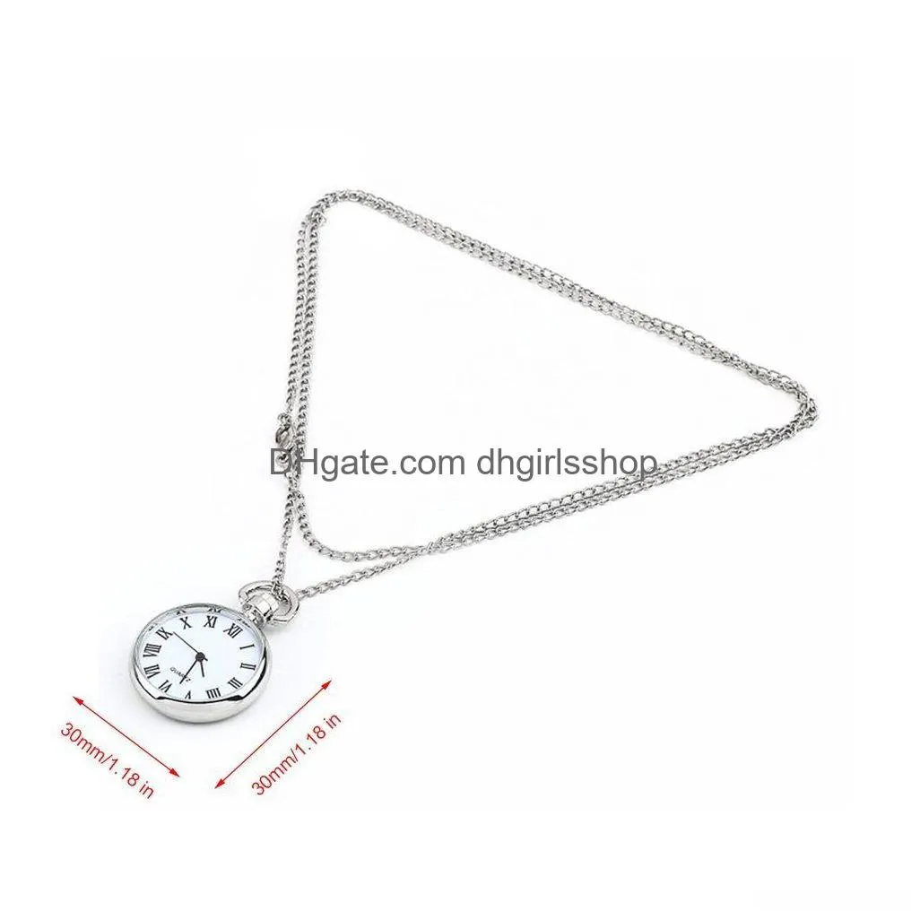 1pcs quartz round pocket watch dial vintage necklace silver chain pendant antique style personality pretty gift