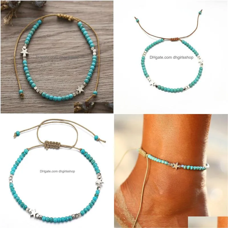 bohemian turquoises anklet with star vintage adjustable woven rope bracelet on leg beaded anklet ankle boho jewelry