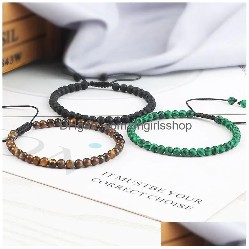 4mm stone beads adjustable bracelet for men natural tiger eye lava chalcedony onyx woven bracelets women yoga jewelry pulseras