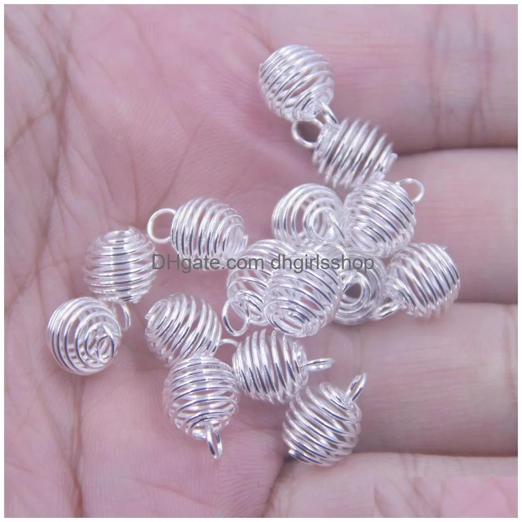 50pcs 25x30mm plated spiral bead cage charms pendants hanging hollow lantern ball spring pendant for women and men jewelry making