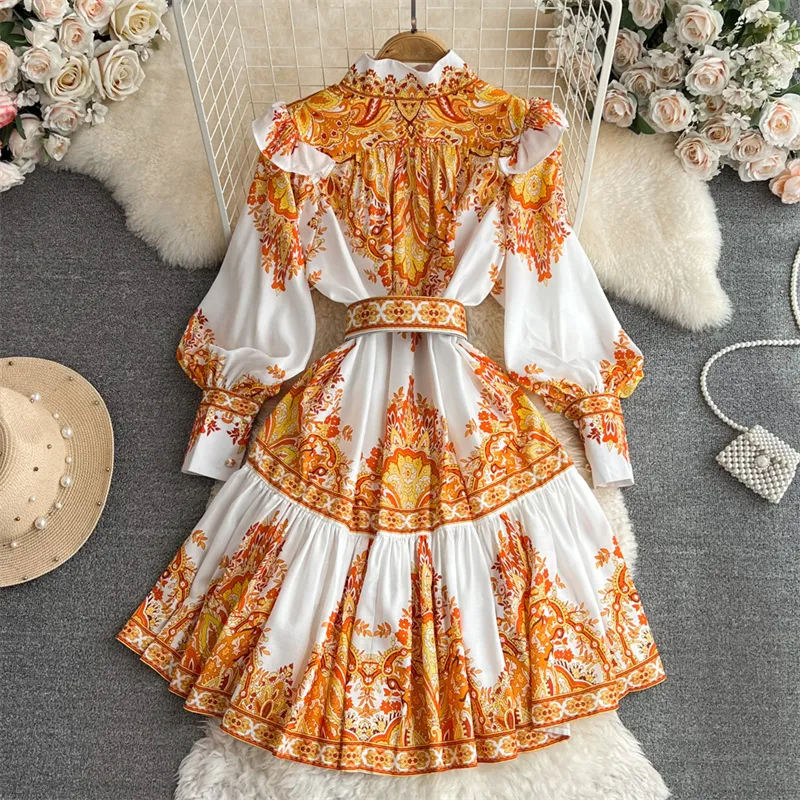 Casual Dresses Korean Fashion Flower Printed Women Short Dress With Sashes White Yellow Stand Collar Long Sleeve Ladies A-line Dresses Vestidos 2023