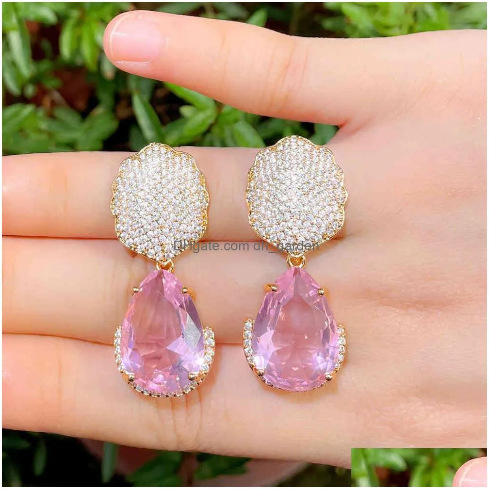 cwwzircon large green pink water drop cubic zirconia stone paved dangle earrings for women chic wedding banquet jewelry cz926