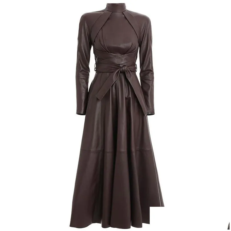 omikron new fashion autumn runway solid women a word faux leather pu dress long sleeve high waist with sashes pleated maxi dress