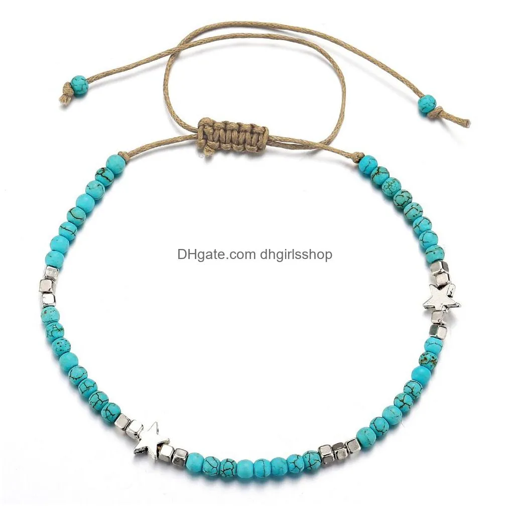 bohemian turquoises anklet with star vintage adjustable woven rope bracelet on leg beaded anklet ankle boho jewelry