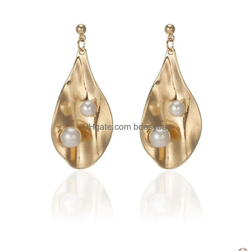 irregular water droplets petal pearl alloy earrings 2 pearls shell pendant earrings for women girls 14k gold plated