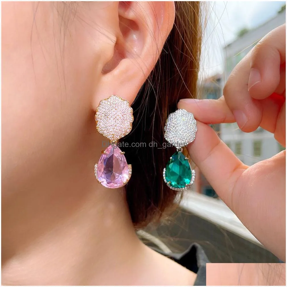 cwwzircon large green pink water drop cubic zirconia stone paved dangle earrings for women chic wedding banquet jewelry cz926