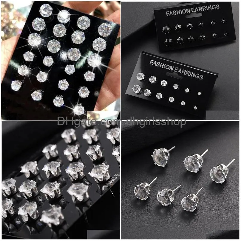 6/12 pair/pack shiny wedding stud earrings set for women men crystal jewelry ear studs accessories earring