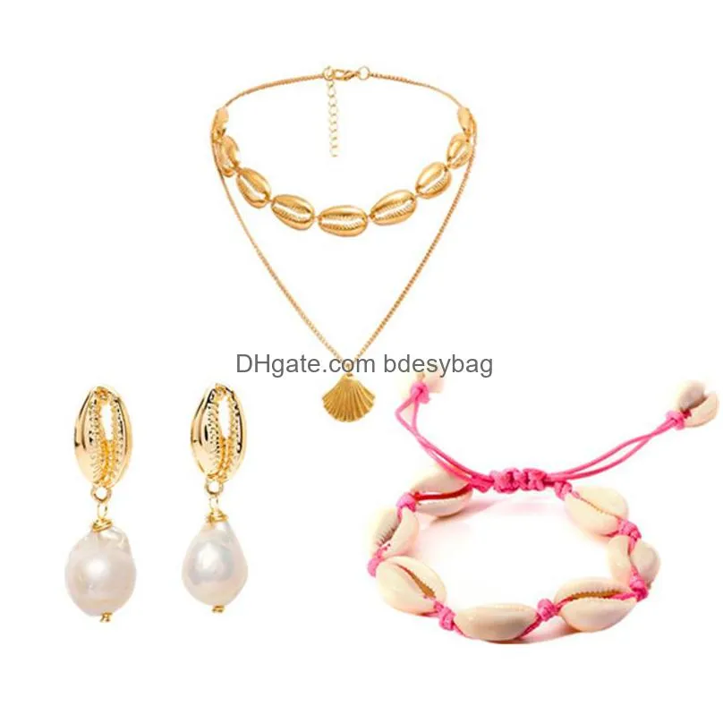 handmade summer beach shell conch ms. necklace earrings bracelet jewelry set 3 piece set
