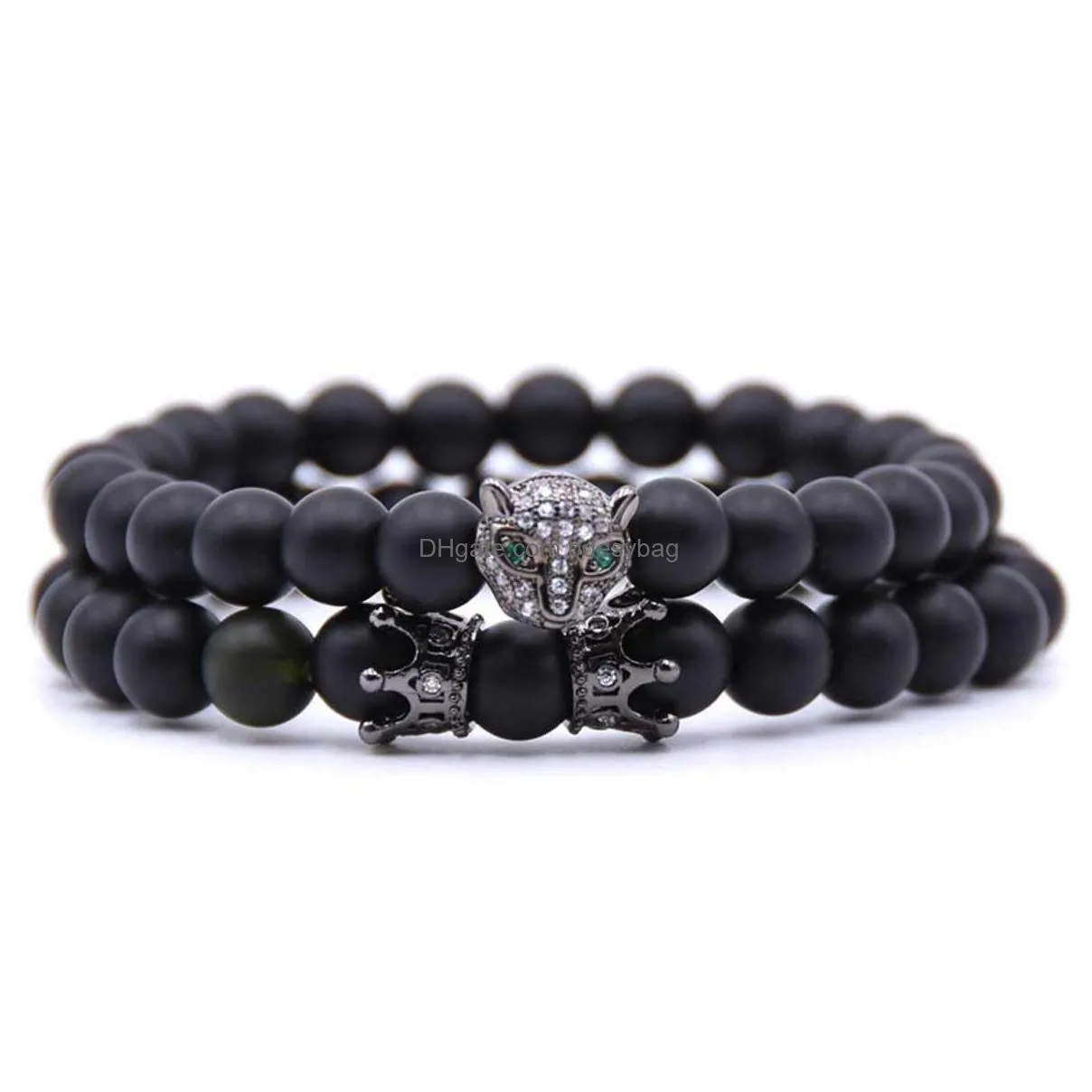 10pc/set wholesale fox crown bracelet sets black matte mala stone for men women handmade custom jewelry