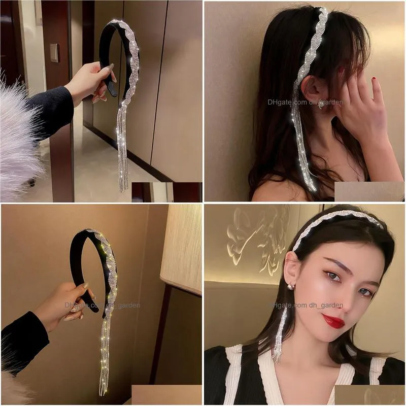2021 korea style long tassel asymmetry rhinestone headband for women black velvet hairclip wedding hair accessories jewelry