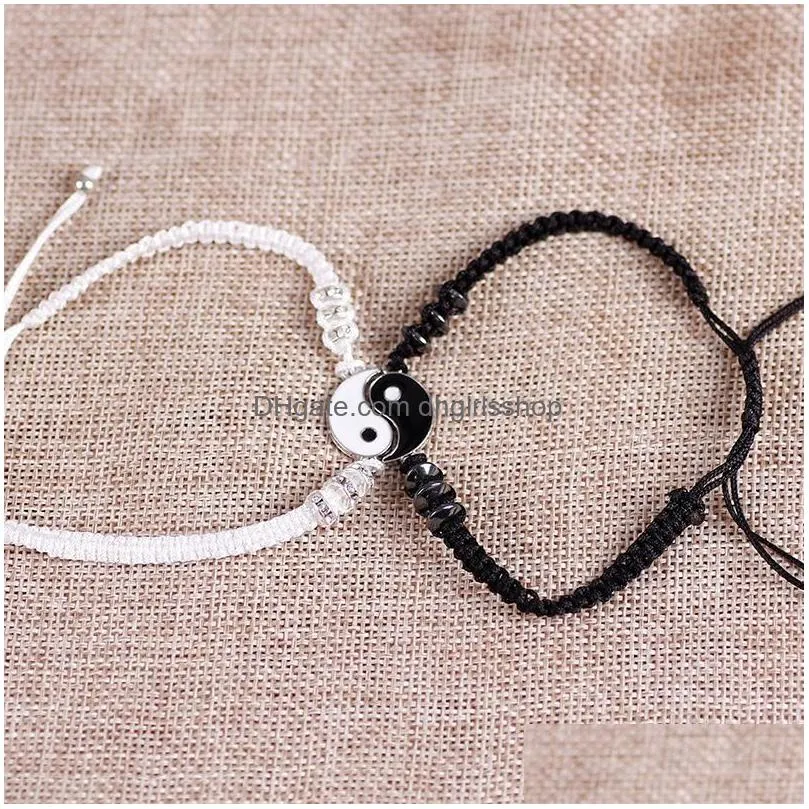 charm bracelets fashion retro yin and yang tai chi alloy pendant black white twopiece leather cord woven men women couple bracelet