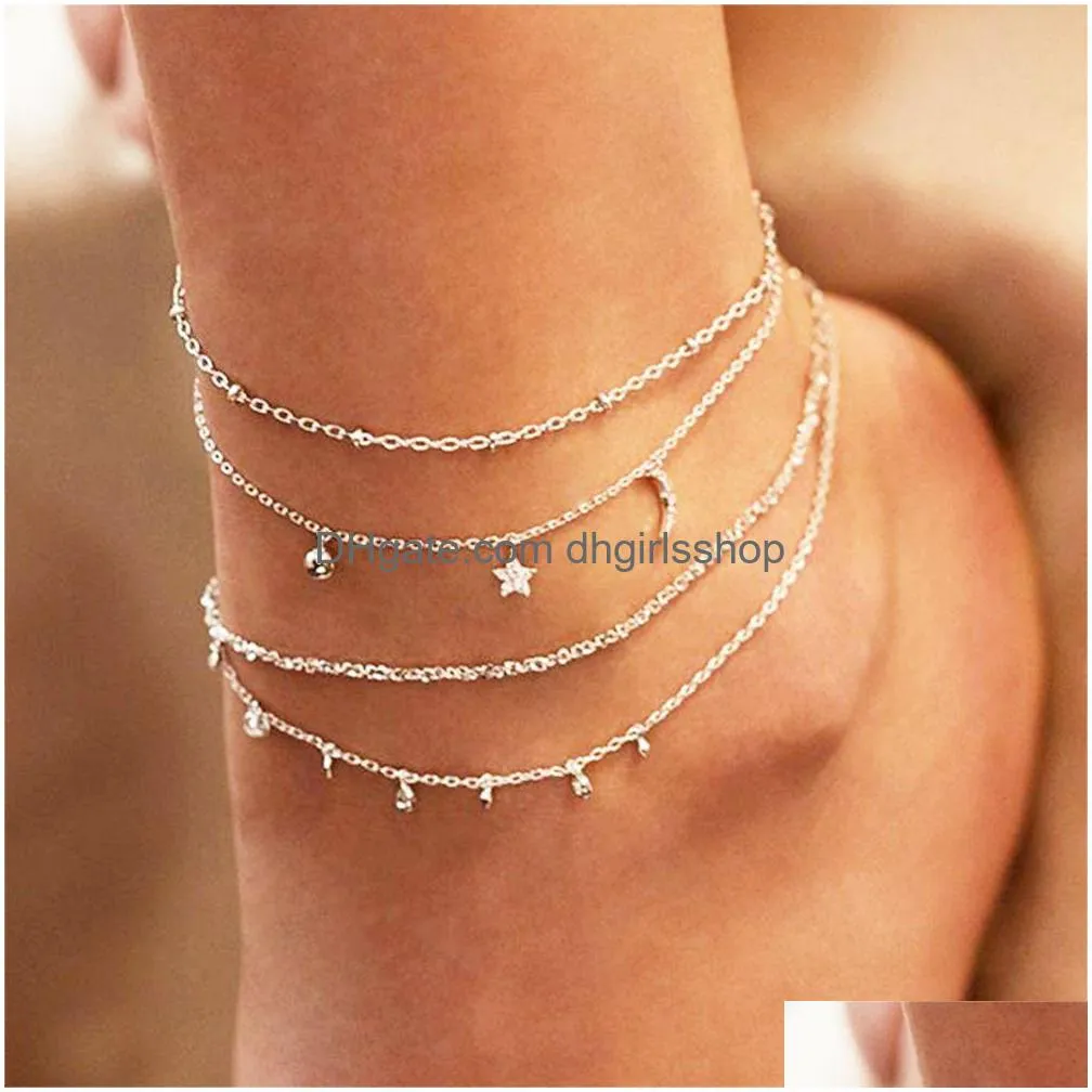 vintage multilayer crystal anklet 2020 bohemia star moon pendant ankle leg sandal anklet jewelry party gift