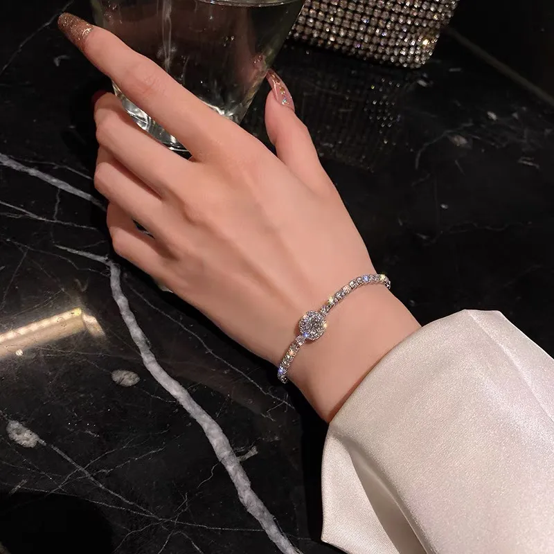 2023 Ins Top Sell Tennies Bracelet Luxury Jewelry 925 Sterling Silver Fill Round Cut Cubic Zircon Party Eternity Women Wedding Bangle For Lover Gift