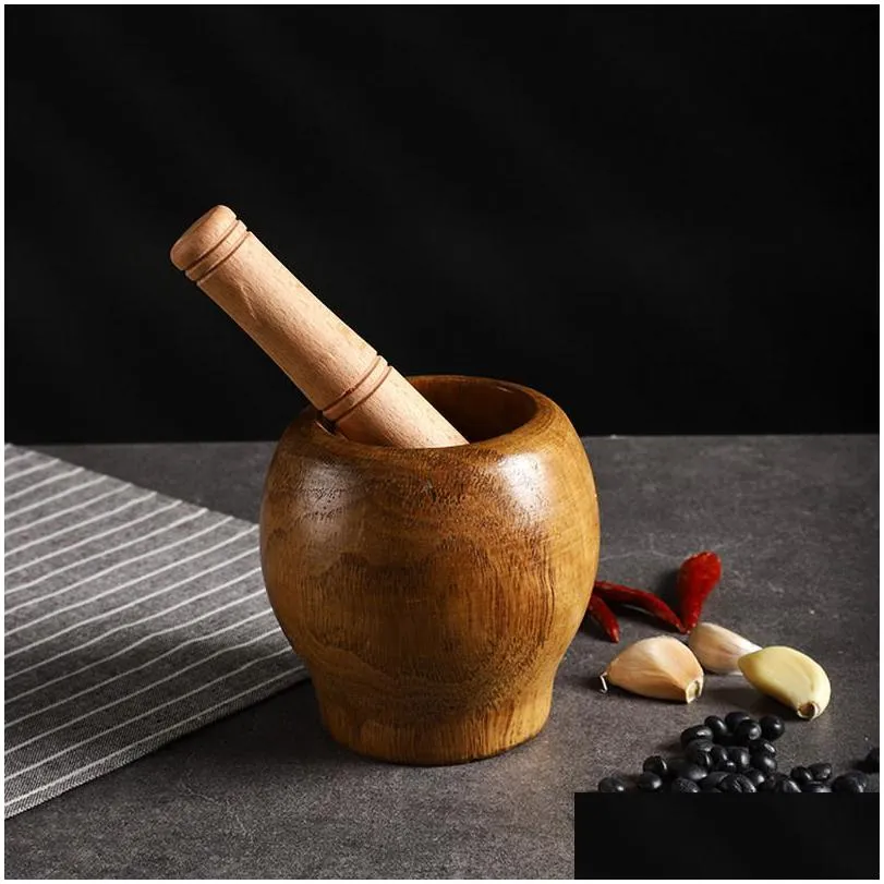 pestle pugging mill grinding bowl masher wooden spice grinder manual garlic pepper press ginger crusher herb spices grinder set kitchen gadgets