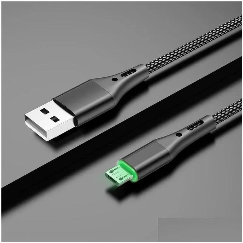 led light 3a type c micro usb cables fast charging for samsung android mobile phone cord braided