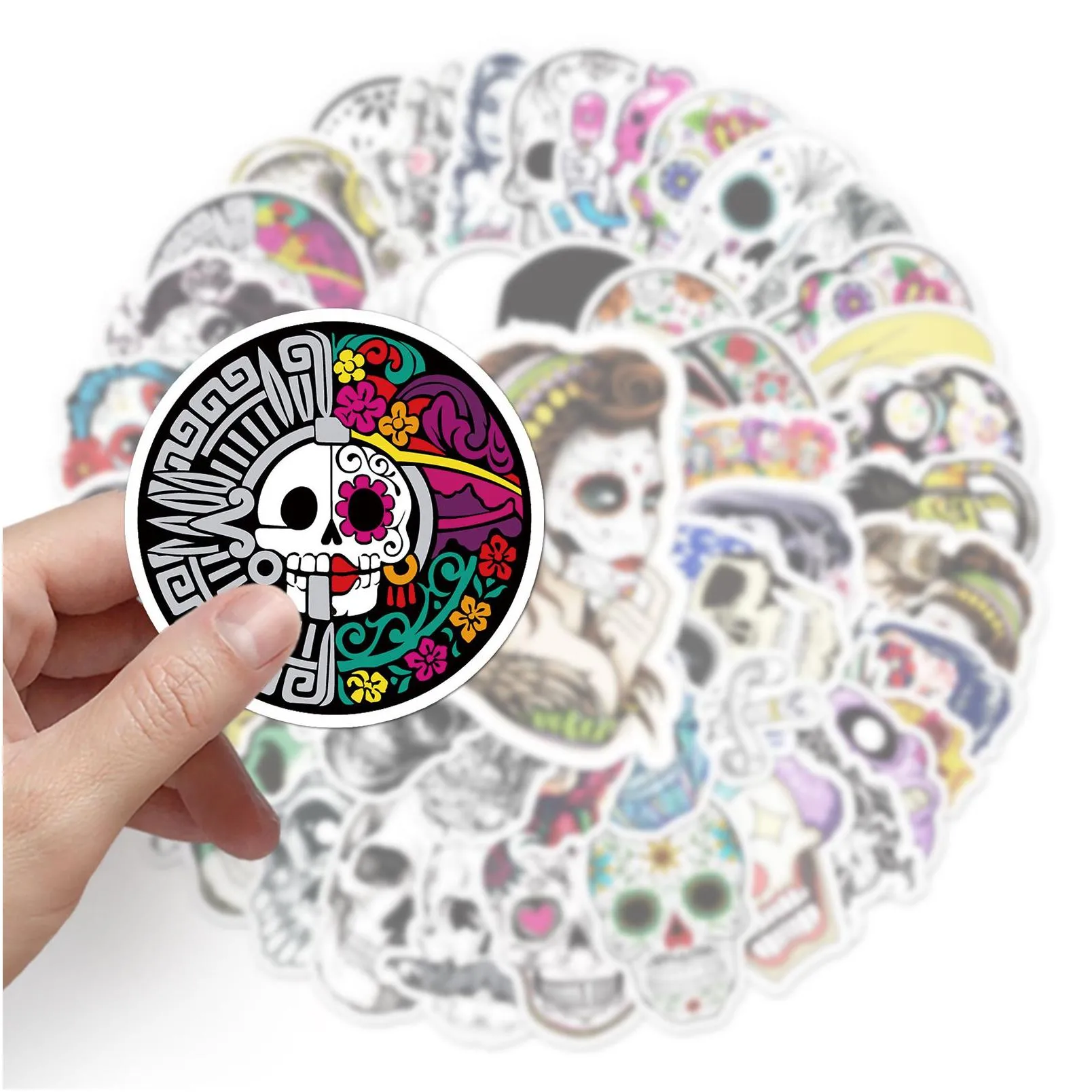 50pcs cartoon color horror skull halloween skeleton graffiti sticker luggage flat skateboard ghost face waterproof sticker wholesale