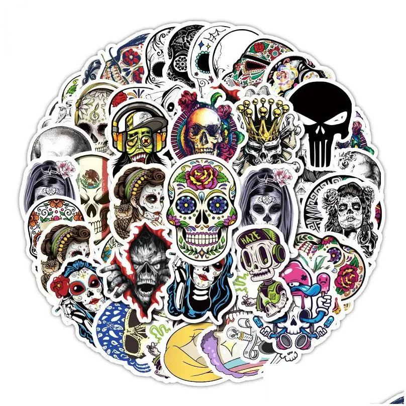 50pcs cartoon color horror skull halloween skeleton graffiti sticker luggage flat skateboard ghost face waterproof sticker wholesale