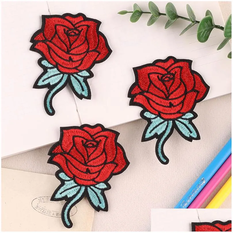notions red rosees embroidered iron on sew on for clothes dress hat pants shoes sewing decorating diy craft repair