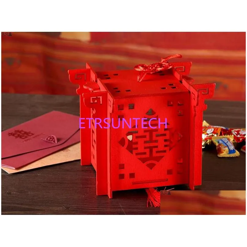 lantern chinese red wooden laser cut wedding candy box for bride shower double happiness wedding favor boxes qw8003