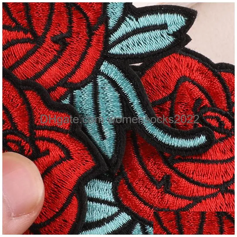 notions red rosees embroidered iron on sew on for clothes dress hat pants shoes sewing decorating diy craft repair