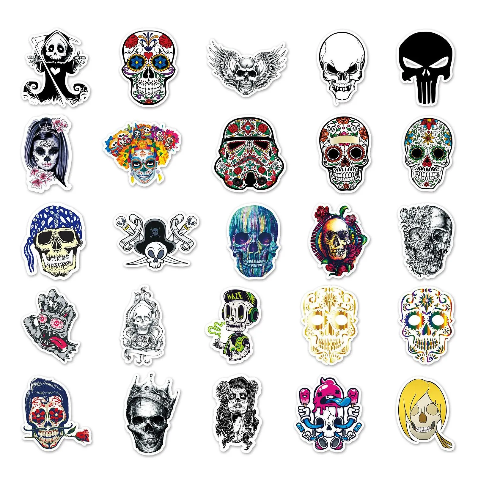 50pcs cartoon color horror skull halloween skeleton graffiti sticker luggage flat skateboard ghost face waterproof sticker wholesale