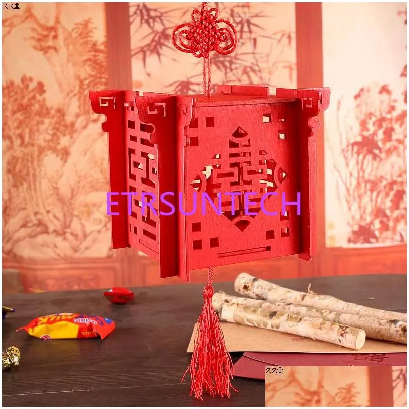 lantern chinese red wooden laser cut wedding candy box for bride shower double happiness wedding favor boxes qw8003