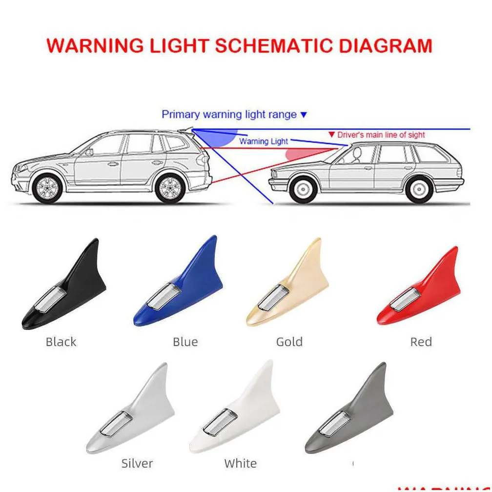 car shark fin antenna shaped solar led light driving safety warning strobe light auto roof decorative lights car accessories