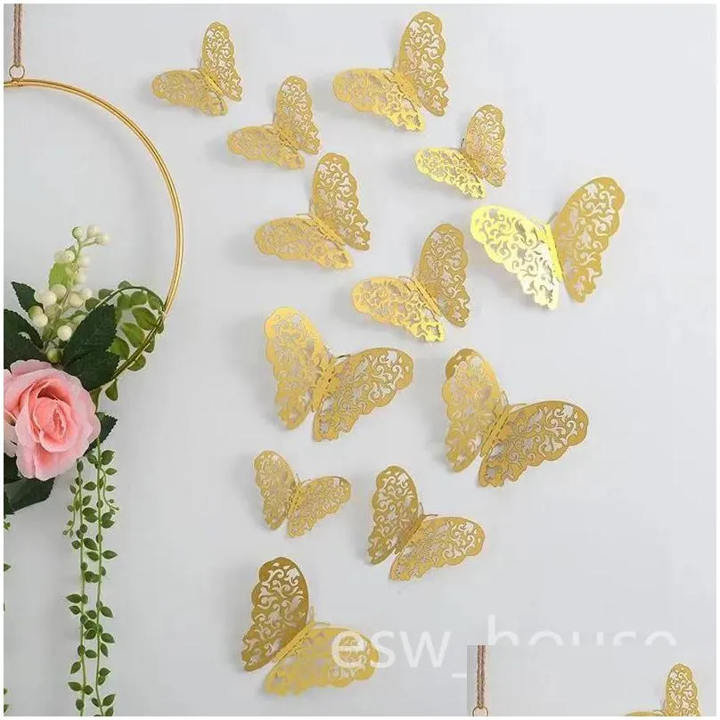 gold butterflies decorations sticker 12pcs/lot 3d hollow butterflies decals diy home removable mural decoration