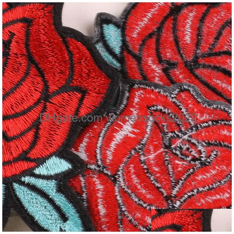 notions red rosees embroidered iron on sew on for clothes dress hat pants shoes sewing decorating diy craft repair