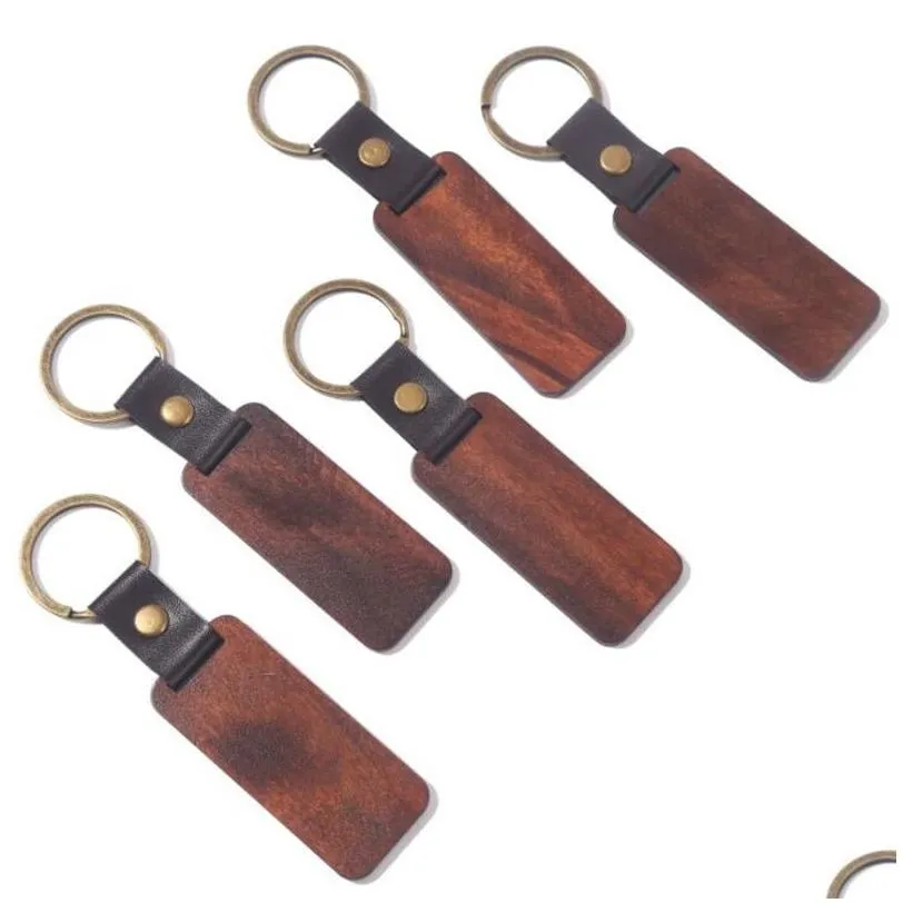 wooden personalize keychains blanks for engraving handmade leather keychain round rectangle wood luggage decoration key ring diy thanksgiving fathers day