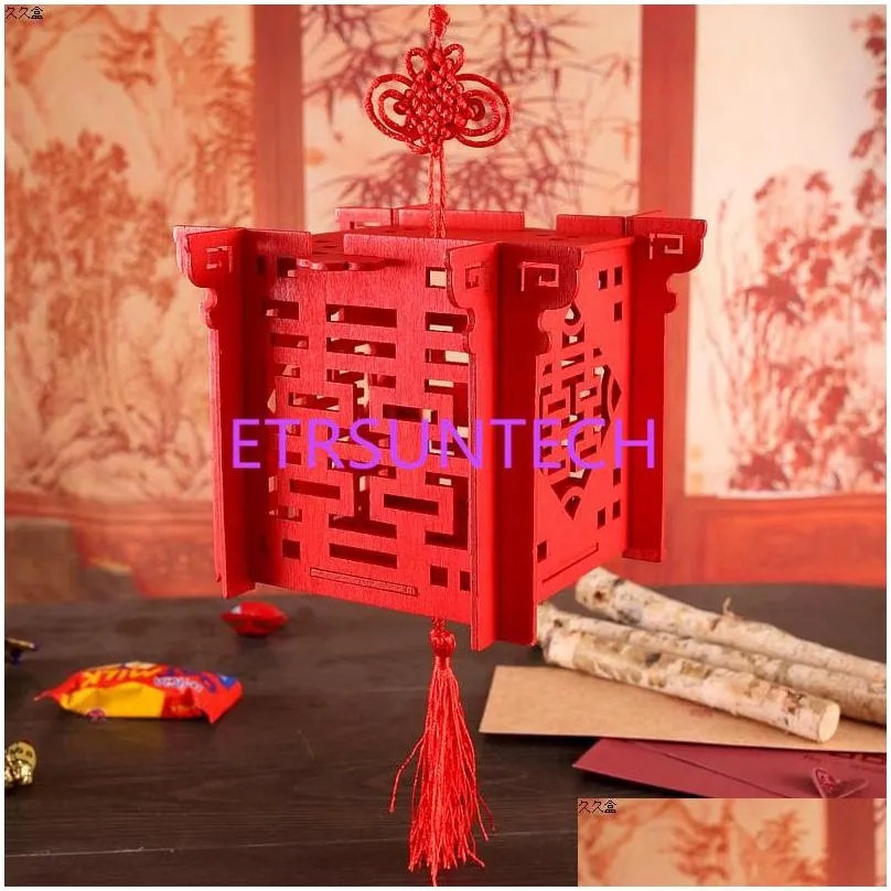 lantern chinese red wooden laser cut wedding candy box for bride shower double happiness wedding favor boxes qw8003