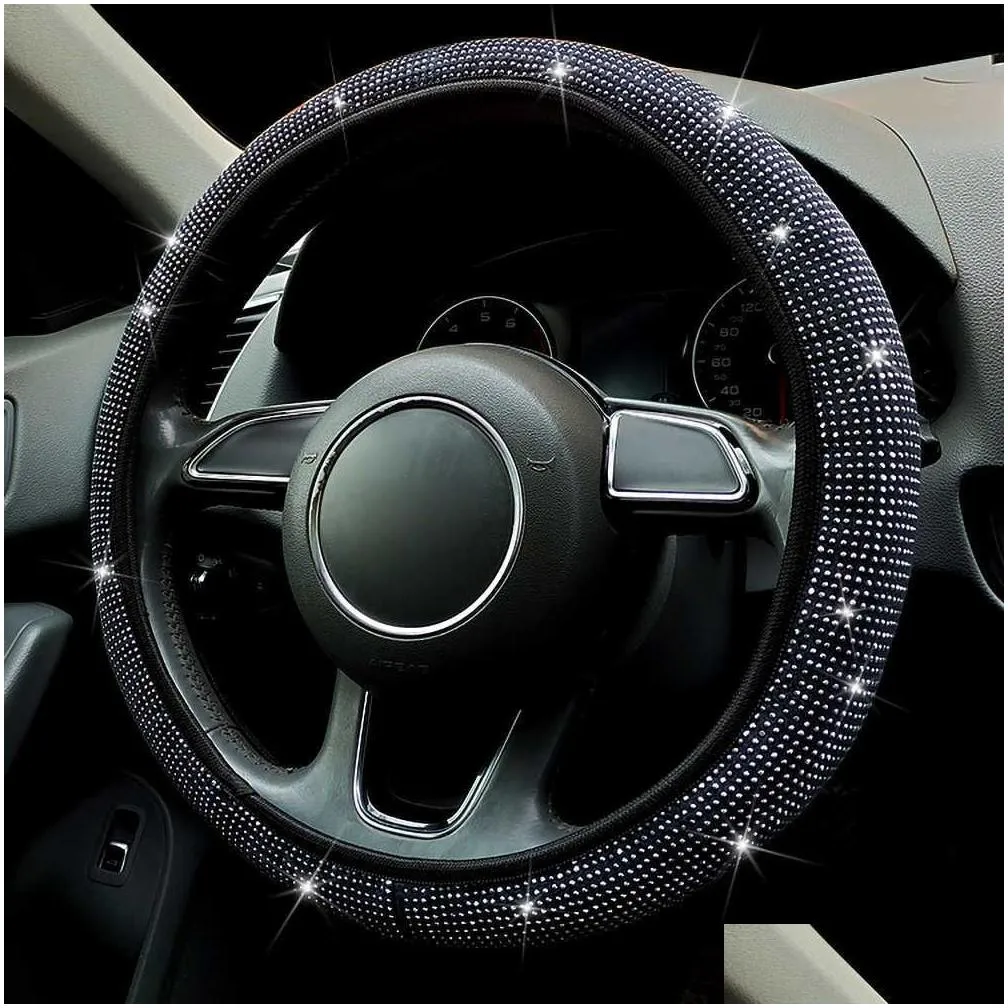 new 15 inch color shiny rhinestones steering wheel cover diamond pu leather car steering cover universal auto accessories