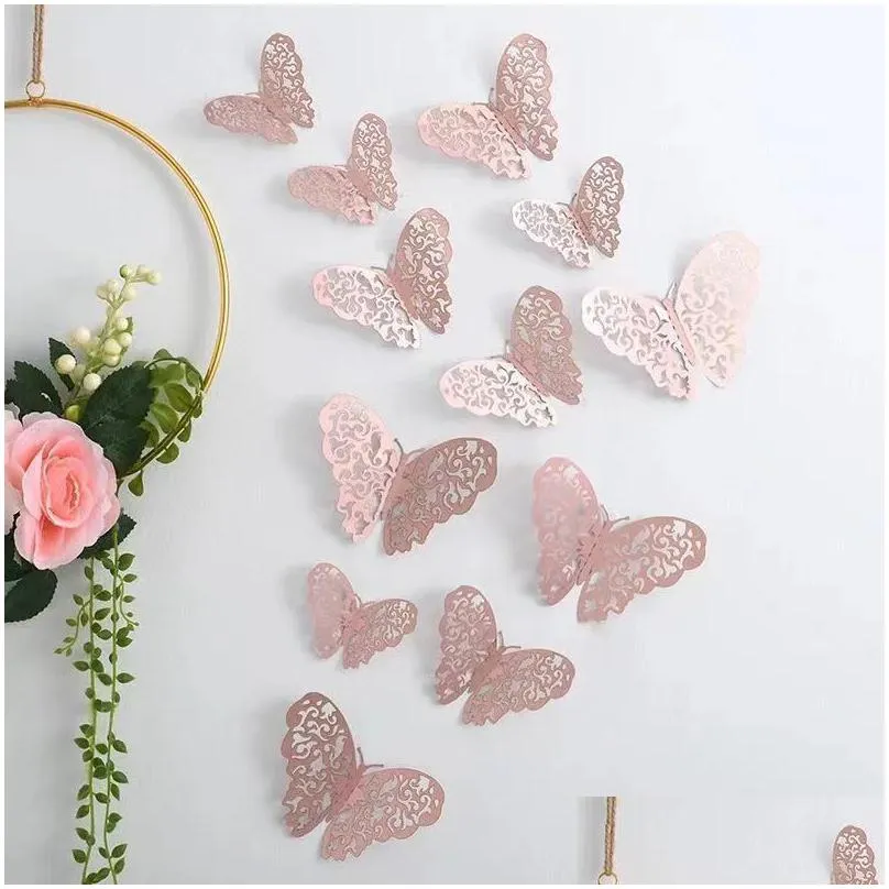 12pcs/lot 3d hollow butterfly wall sticker 3 sizes gold pink silver butterflies removable wall decals decor