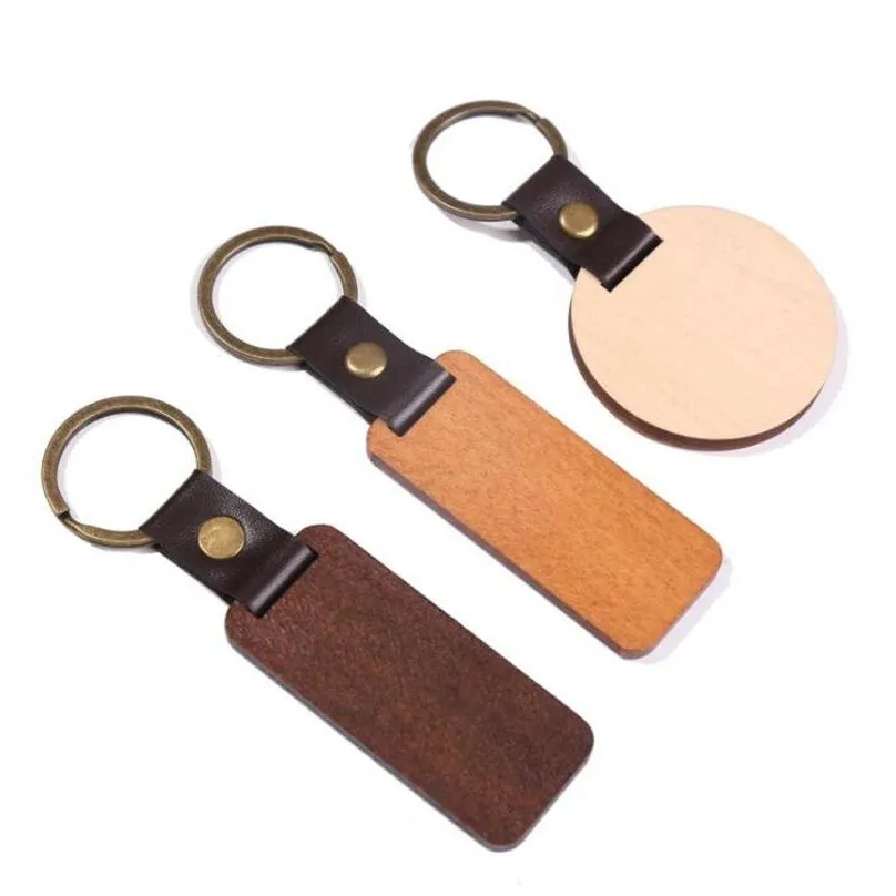 wooden personalize keychains blanks for engraving handmade leather keychain round rectangle wood luggage decoration key ring diy thanksgiving fathers day