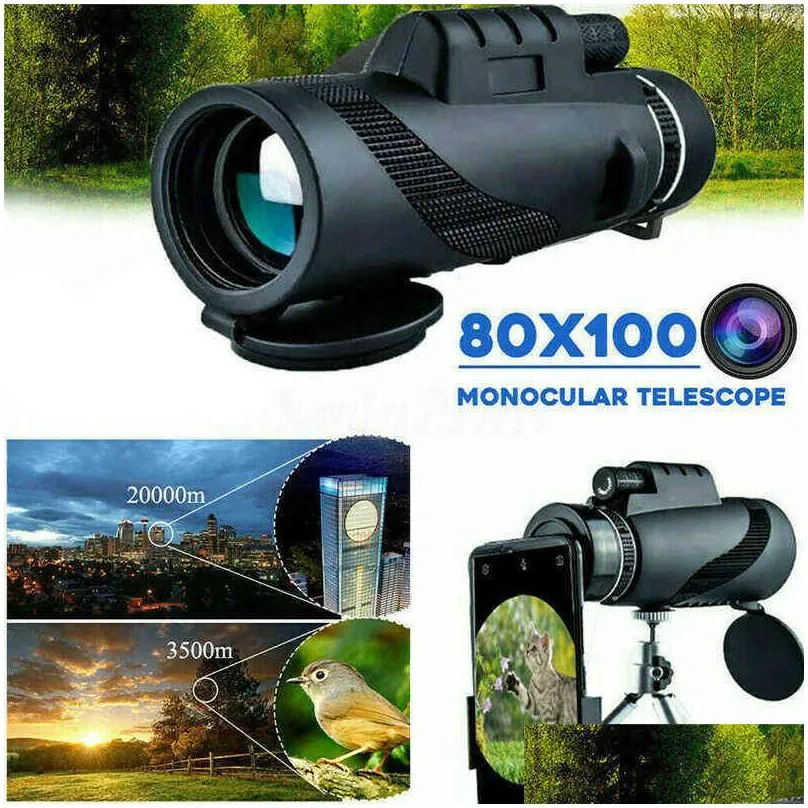 80x100 hd powerful monocular telescope phone camera zoom starscope tripod telescope phone clip for outdoor camping accessories 211229