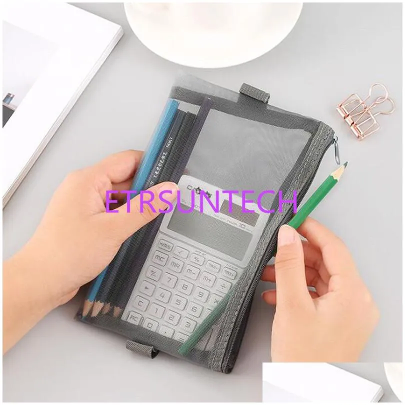 simple transparent mesh pencil case nylon women cosmetic make up storage bag lipstick eyeliner carrying holder qw7952