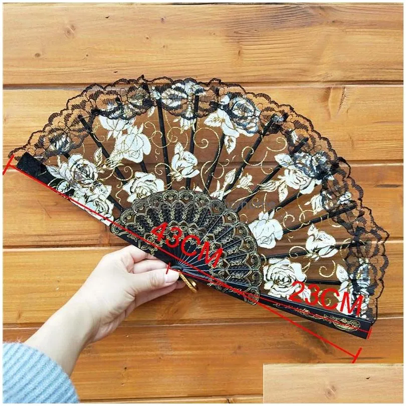 lace dance fan show craft folding fans rose flower design plastic frame silk hand fan