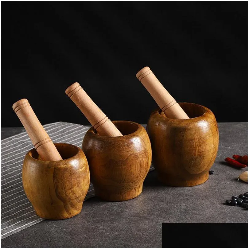 pestle pugging mill grinding bowl masher wooden spice grinder manual garlic pepper press ginger crusher herb spices grinder set kitchen gadgets