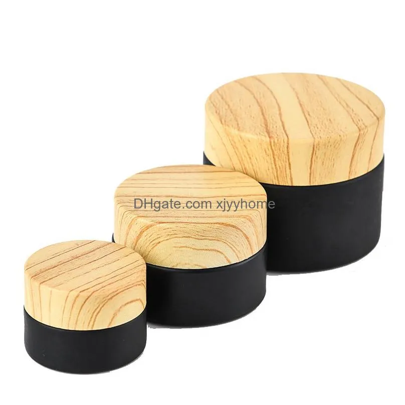 black frosted glass bottle jars cosmetic with woodgrain plastic lids pp liner 5g 10g 15g 20g 30g 50g lip packing bottles